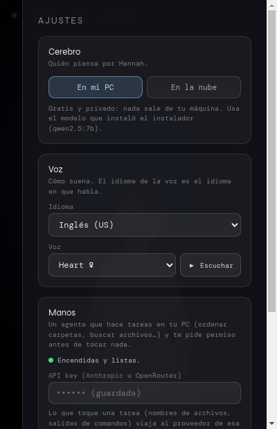 The settings panel: three cards (brain on my PC or in the cloud, voice with a listen button, hands) with the technical options folded away